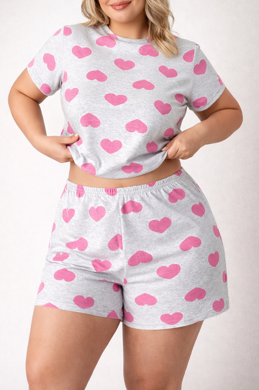 Dámské bavlněné pyžamo Srdíčka – pohodlný set tričko + kraťasy (100% bavlna)