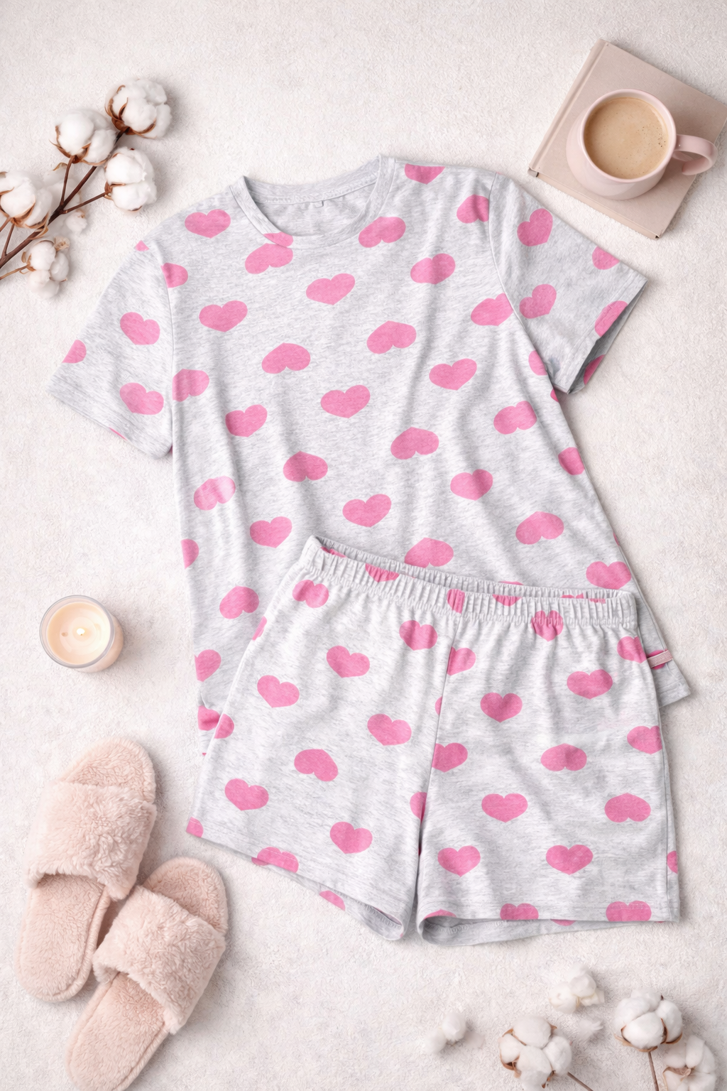 Dámské bavlněné pyžamo Srdíčka – pohodlný set tričko + kraťasy (100% bavlna)