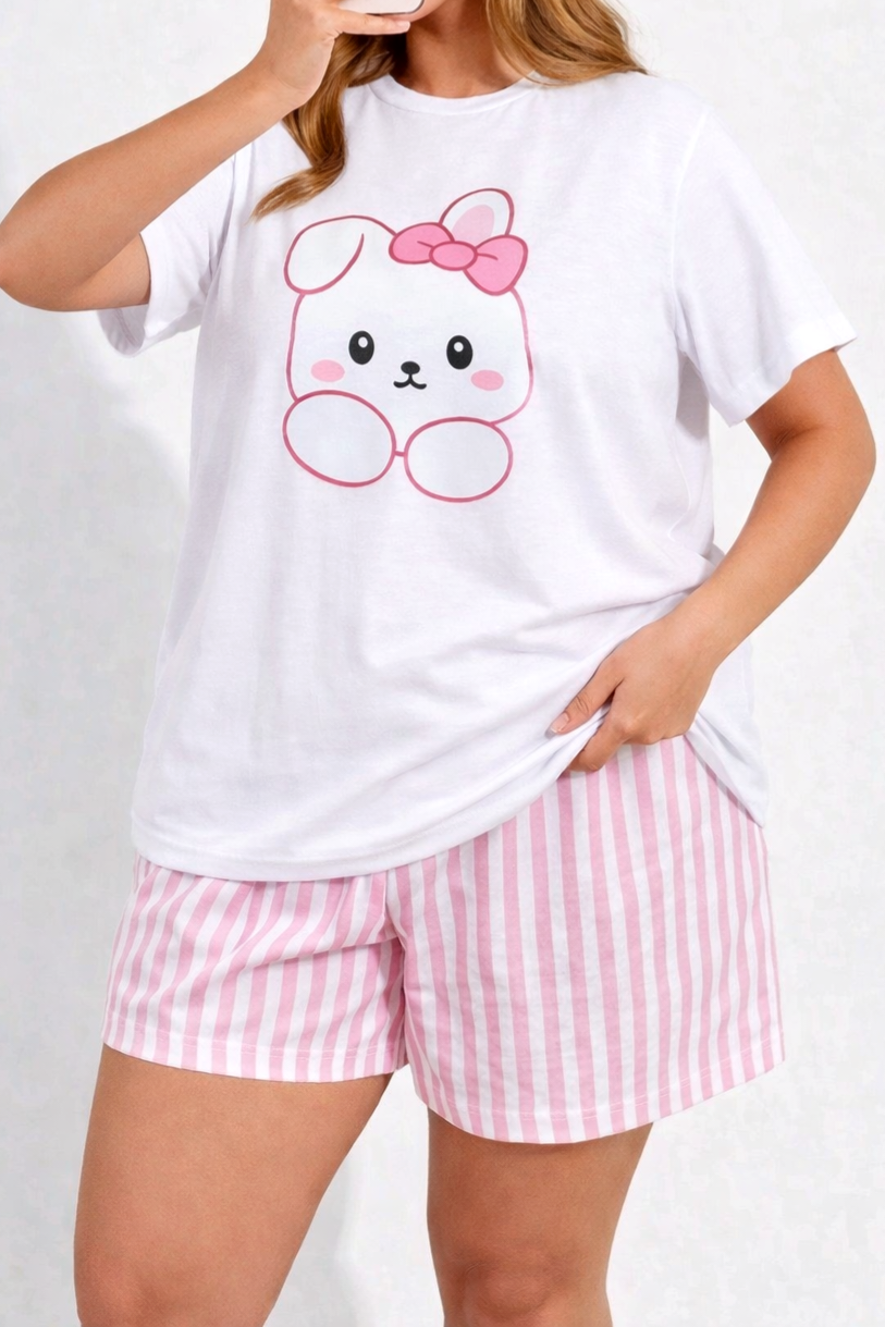Dámské bavlněné pyžamo Králíček – pohodlný set tričko + kraťasy (100% bavlna)