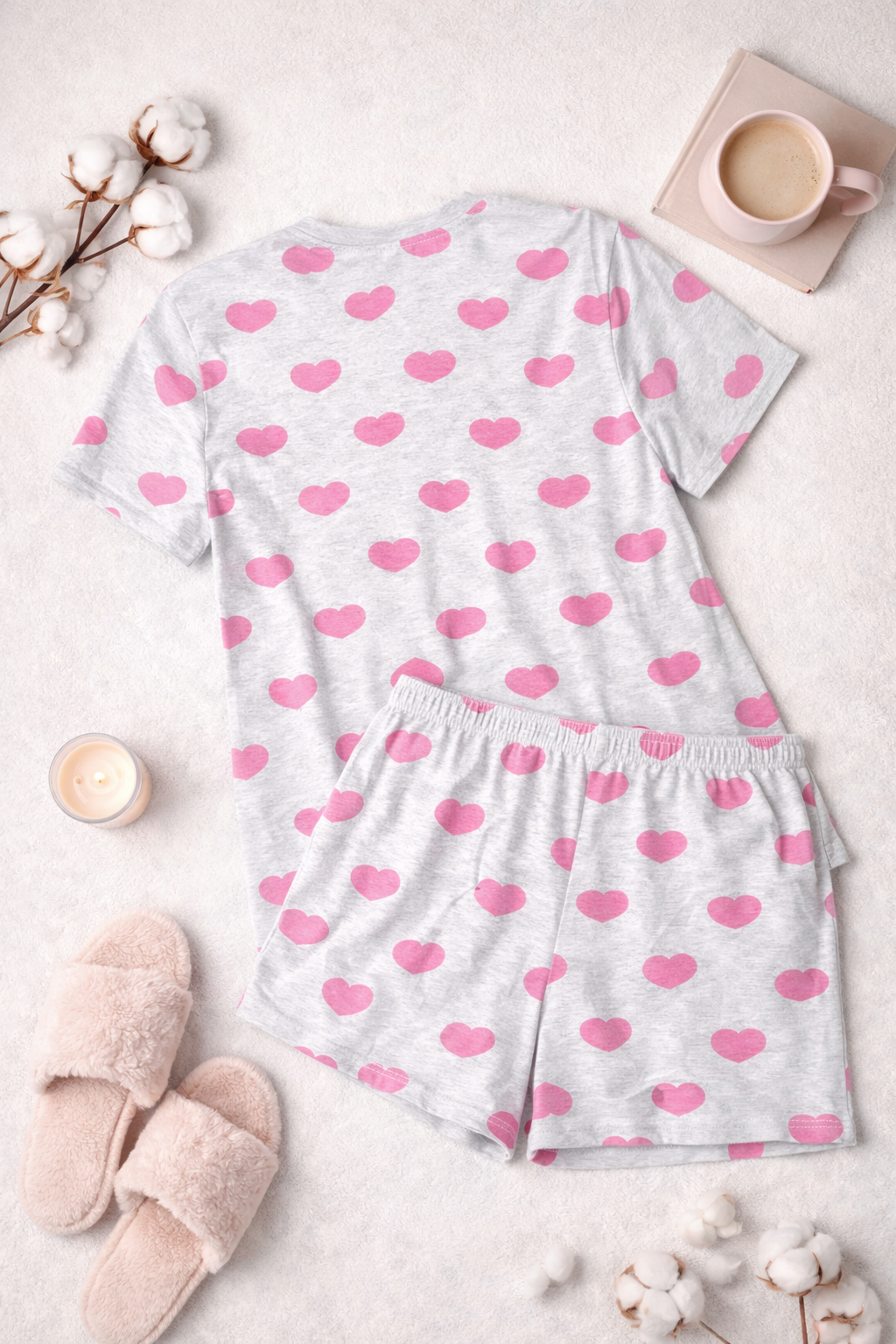 Dámské bavlněné pyžamo Srdíčka – pohodlný set tričko + kraťasy (100% bavlna)